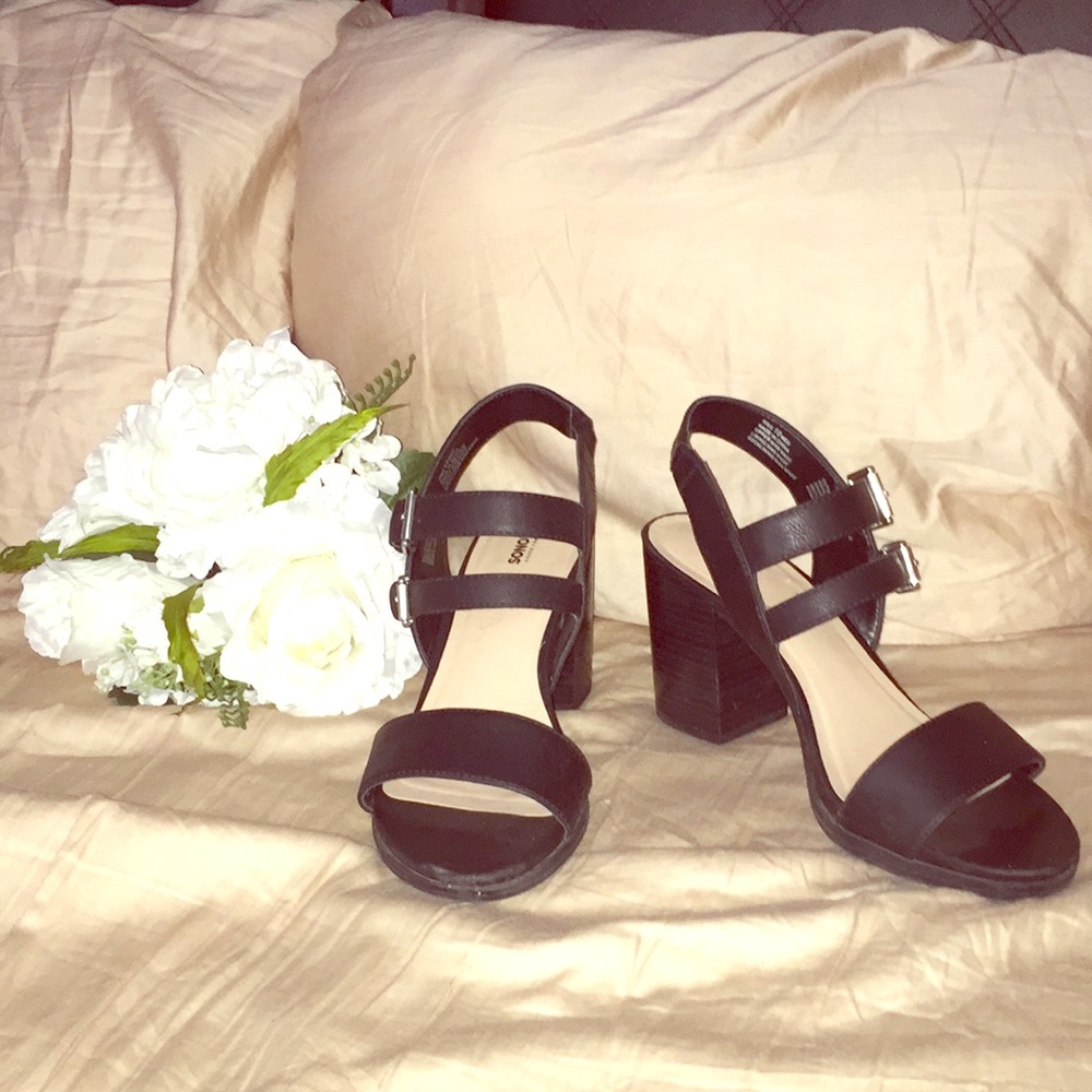 Black chunky strappy open toe heels